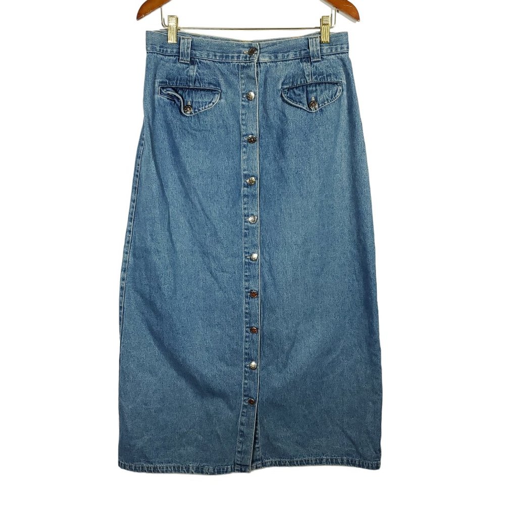 VTG 90s Denim Midi Skirt Sz 14 Jeans Button-Front Flap Pockets Modest Hippie